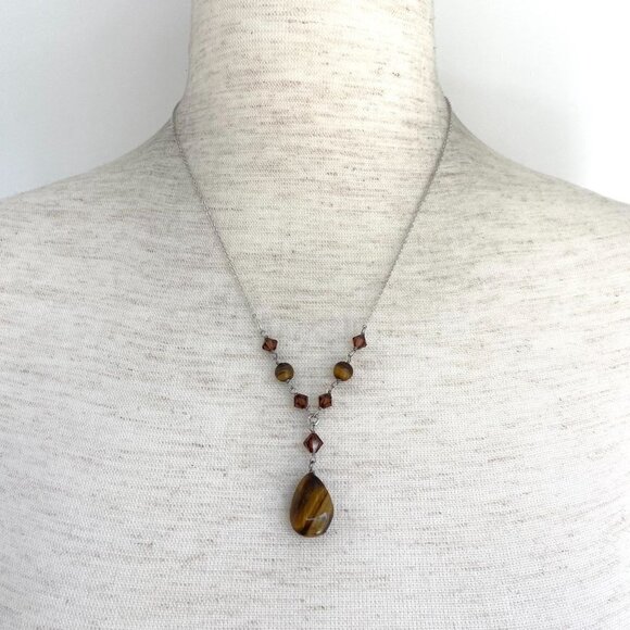 Sterling Silver 925 Beaded Tigers Eye Teardrop Pendant Necklace 18" Cable Chain - Picture 2 of 16